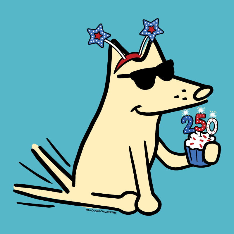 Cartoon dog with sunglasses and party hats holding a birthday cupcake with candles on a blue background
