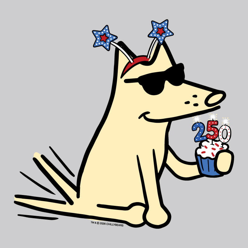Cartoon dog with party hats and a birthday cupcake with number 250 on a gray background