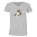 Gray t-shirt with a dog graphic wearing sunglasses and a flower headband on a white background