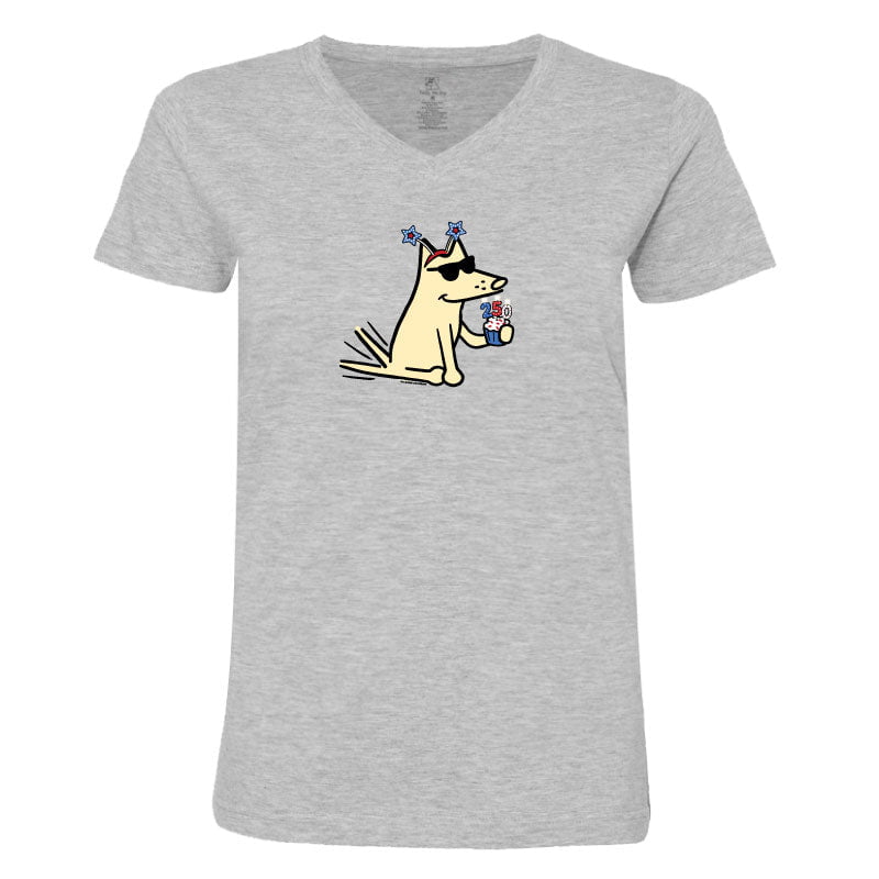 Gray t-shirt with a dog graphic wearing sunglasses and a flower headband on a white background