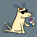 Cartoon dog with party hats and a birthday cupcake with candles on a gray background