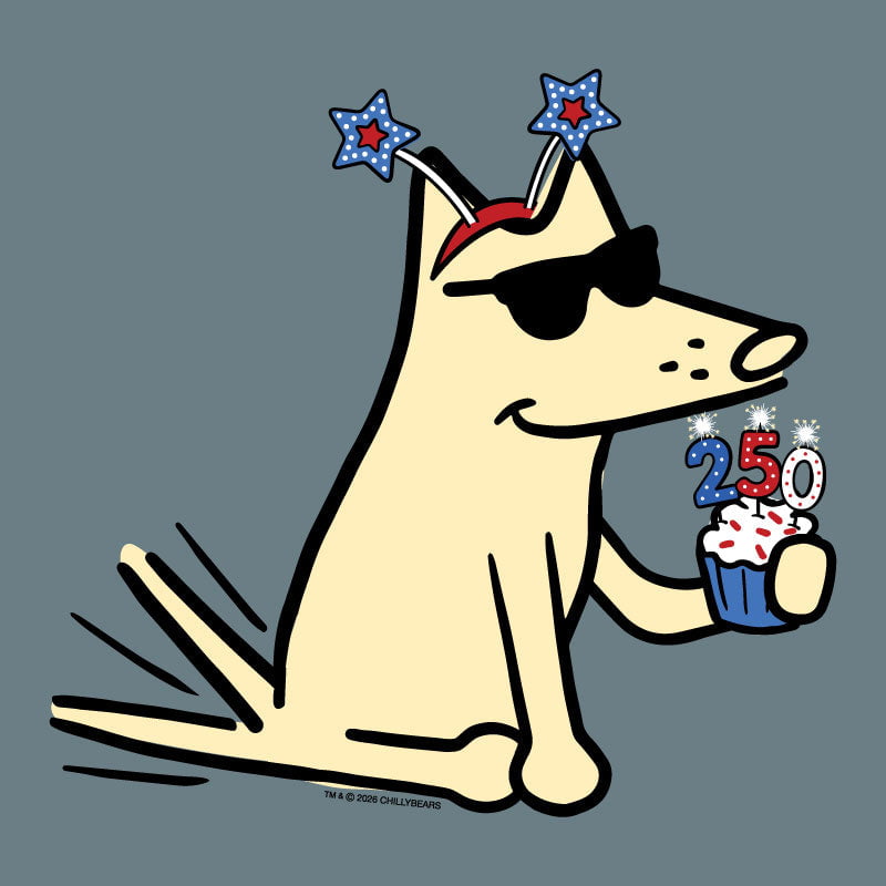 Cartoon dog with party hats and a birthday cupcake with candles on a gray background