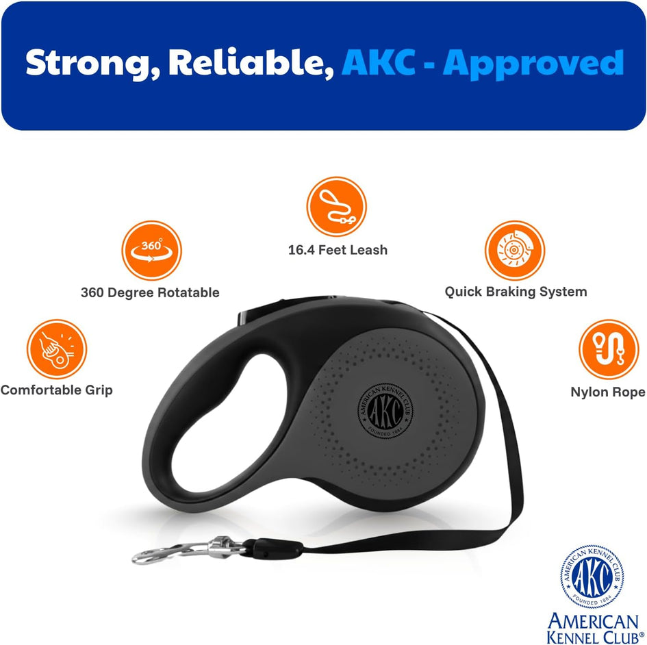 American Kennel Club Retractable Dog Leash, 16.4ft, Tangle-Free, Ergonomic Grip, One-Hand Brake, for Medium & Large Dogs up to 66 lbs
