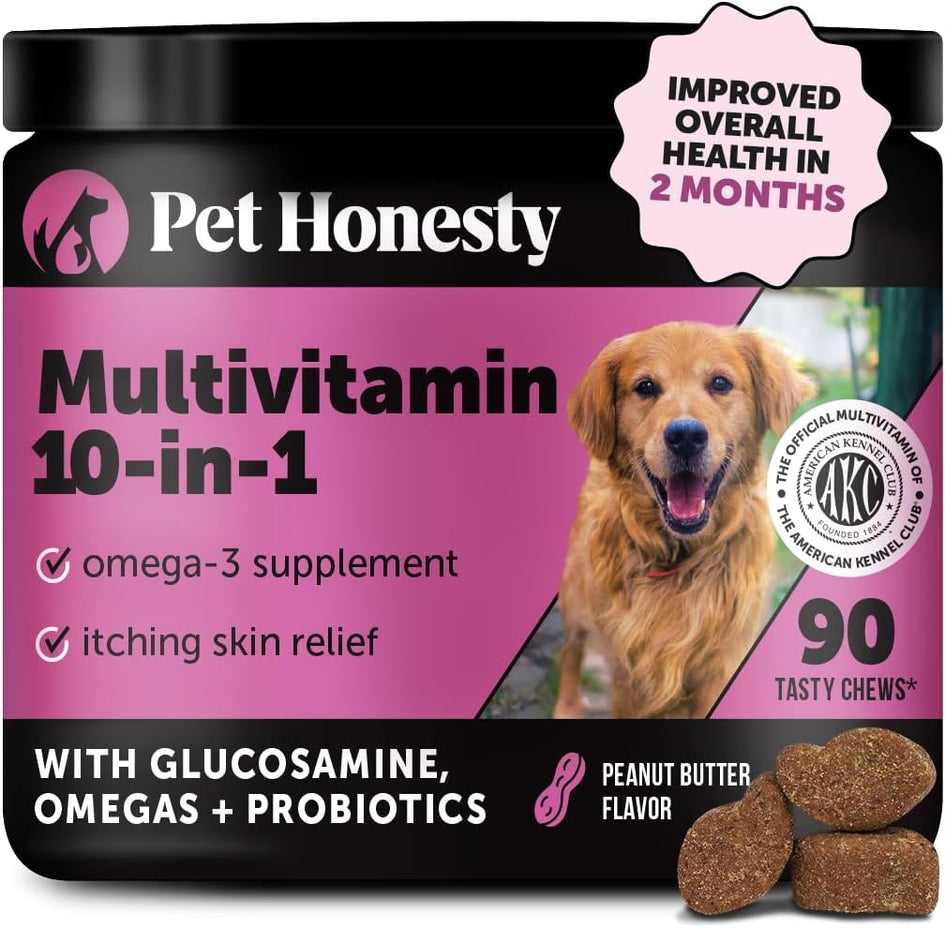 Pet Honesty Multivitamin Dog Supplement, Glucosamine chondroitin for Dogs, Probiotics, Omega Fish Oil, Dog Supplements & Vitamins, Dog Vitamins for Skin and Coat Allergies, (Peanut Butter 90 ct)