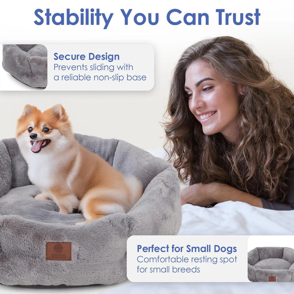 American Kennel Club Round Plush Dog Bed - 20" Cozy Donut Design for Small Pets, Ultra-Soft Washable Pet Bed with Non-Slip Bottom, Durable High-Loft Filling, Gray