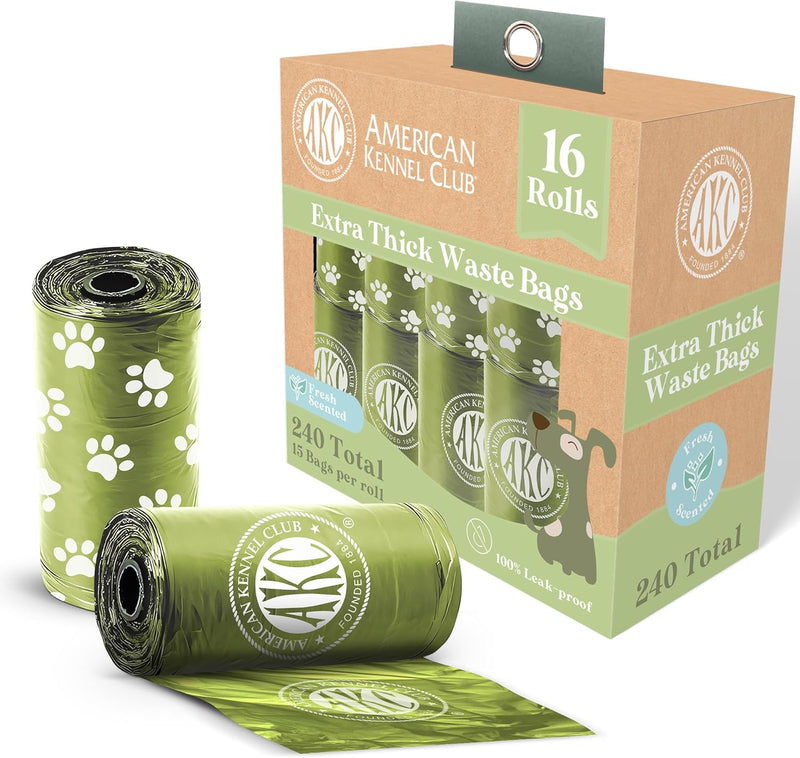 American Kennel Club Extra Thick Dog Poop Bags - Leak-Proof and Scented Waste Bags - 240 Count (16 Refill Rolls) - Durable, Heavy-Duty, Fits Standard Dispensers