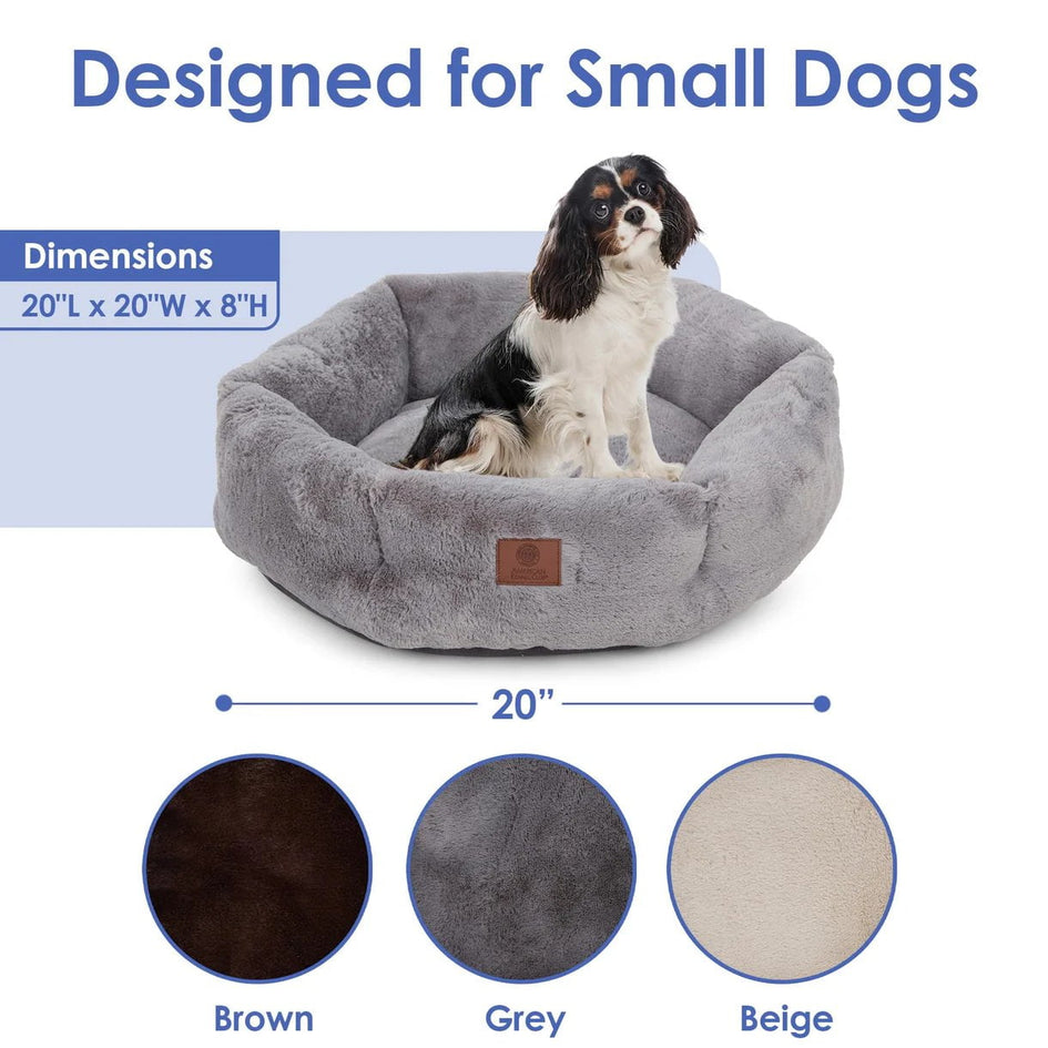 American Kennel Club Round Plush Dog Bed - 20" Cozy Donut Design for Small Pets, Ultra-Soft Washable Pet Bed with Non-Slip Bottom, Durable High-Loft Filling, Gray