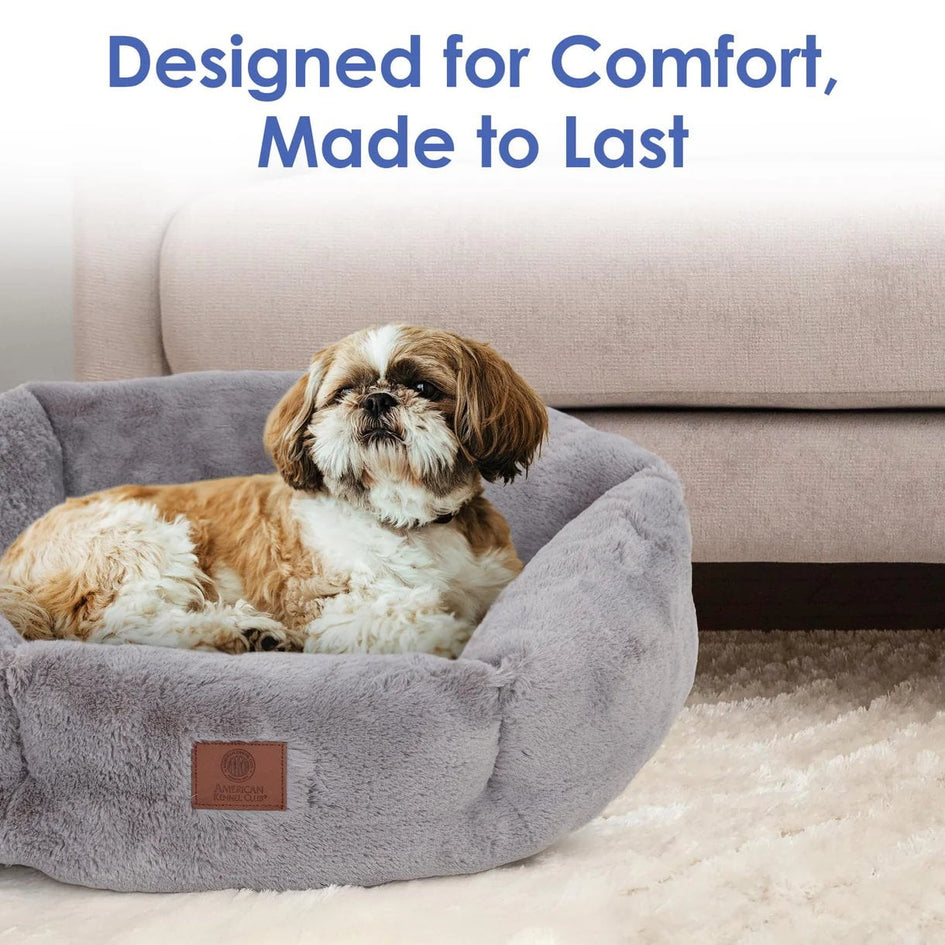 American Kennel Club Round Plush Dog Bed - 20" Cozy Donut Design for Small Pets, Ultra-Soft Washable Pet Bed with Non-Slip Bottom, Durable High-Loft Filling, Gray