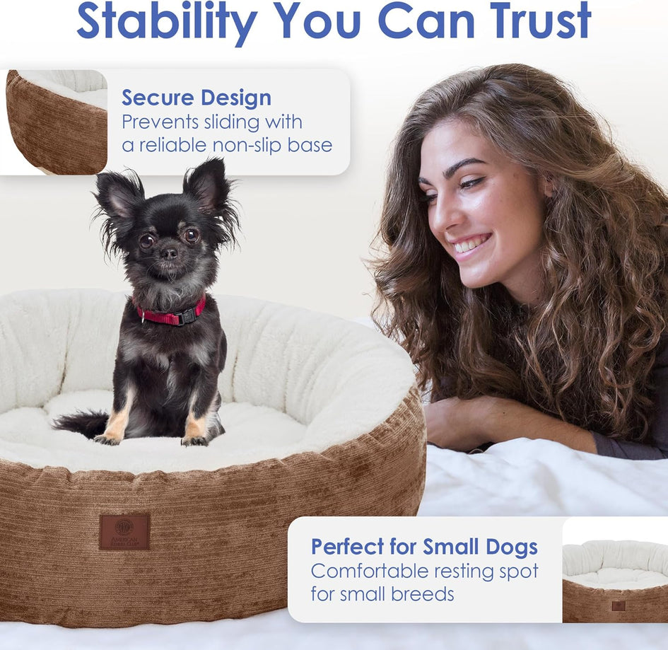 American Kennel Club 25" Mason Fabric Round Pet Bed - Stylish Washable Dog Bed with Non-Slip Bottom, Plush Sleeping Surface - for Cats, Medium Breeds