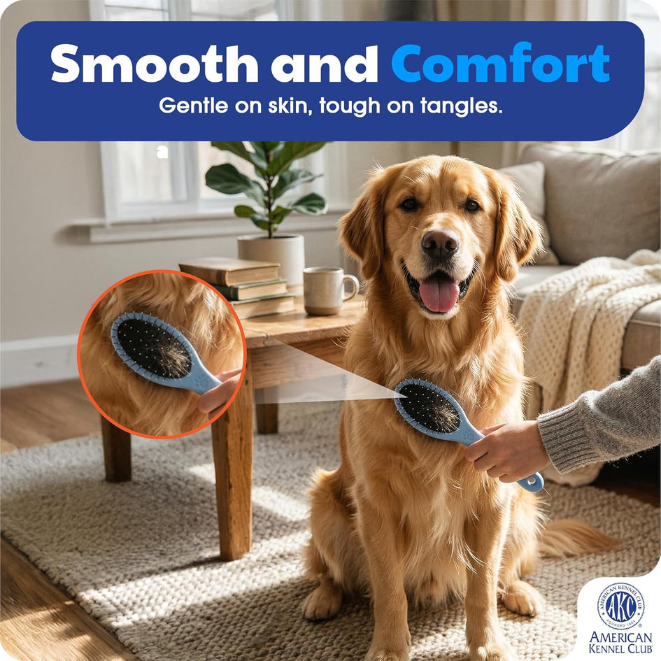 American Kennel Club AKC Pet Grooming Brush for Dogs and Cats - 2-in-1 Deshedding and Detangling Brush with Dense Nylon Bristles, Removes Loose Hair for Short and Long Coat Dogs and All Breeds