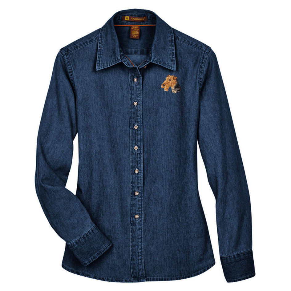 Airedale Terrier Embroidered Ladies Denim Shirts