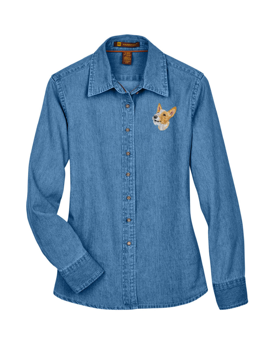 Portuguese Podengo Embroidered Ladies Denim Shirts