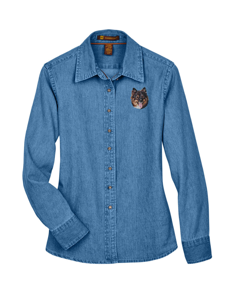 Finnish Lapphund Embroidered Ladies Denim Shirts