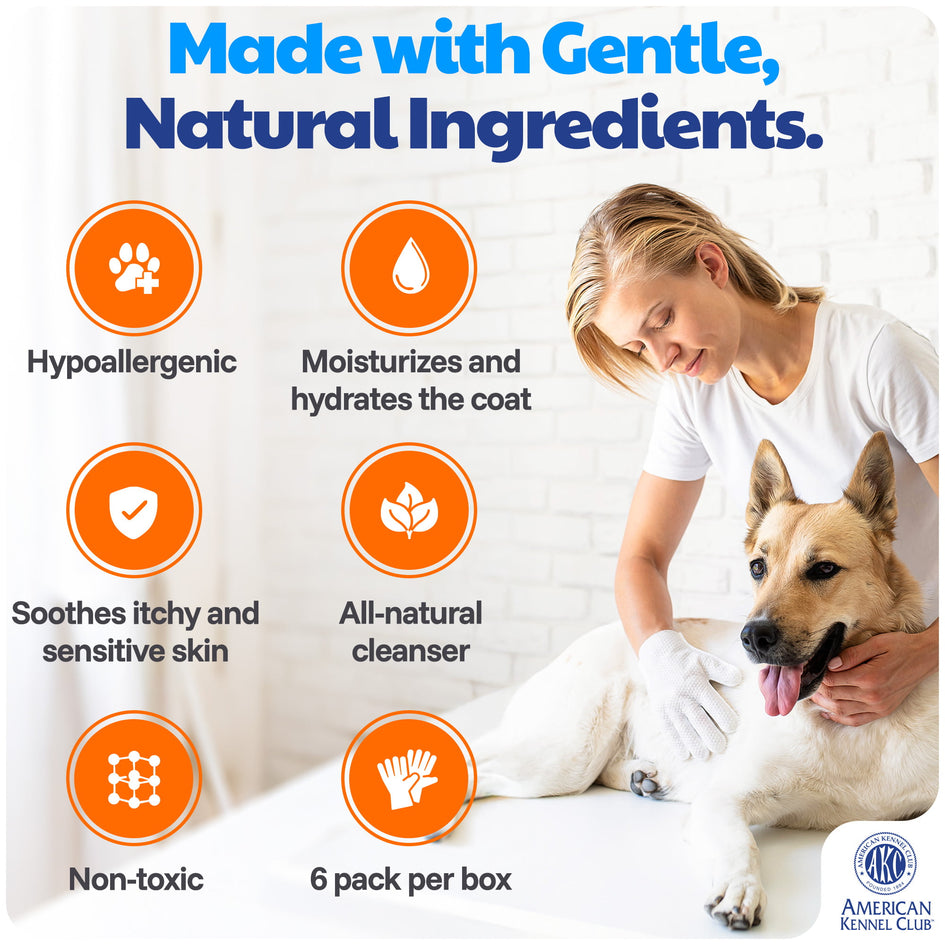 AKC Coconut-Scented Dog Bathing Glove Wipes, 6 Pack, No-Rinse Deodorizing Gloves for All Dog Sizes & Fur Types, Waterless Quick Cleaning for Paws, Fur & Travel