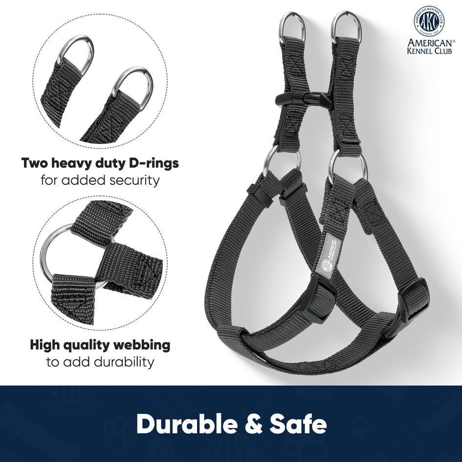 AKC Step-in Dog Harness – Adjustable Solid Color Vest with Dual D-Rings, No-Pull Comfort Fit for Small, Medium, Large Dogs – Black, Gray, Navy, Pink