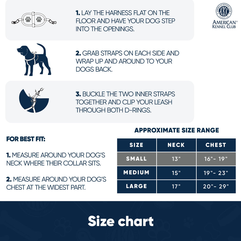 AKC Step-in Dog Harness – Adjustable Solid Color Vest with Dual D-Rings, No-Pull Comfort Fit for Small, Medium, Large Dogs – Black, Gray, Navy, Pink