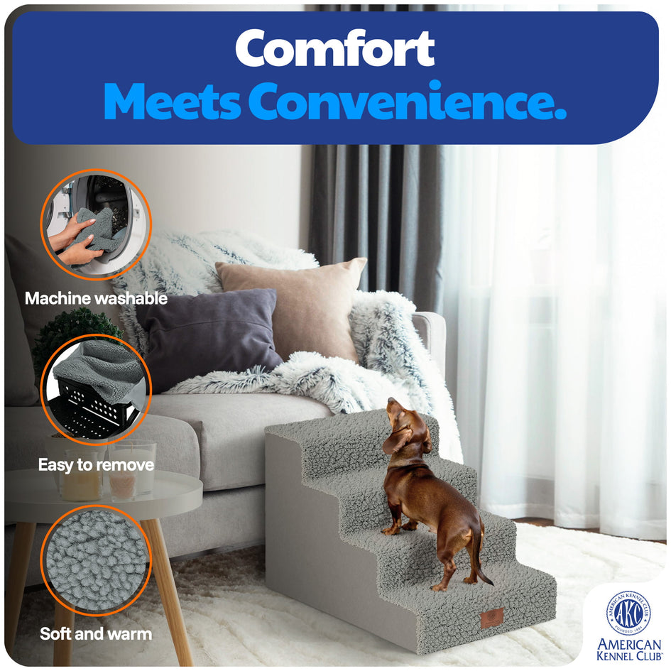 AKC 4-Step Pet Stairs – Durable, Non-Slip Steps for Small Dogs and Cats, Washable Cover, Simple No-Tool Assembly, Supports Up to 50 lbs