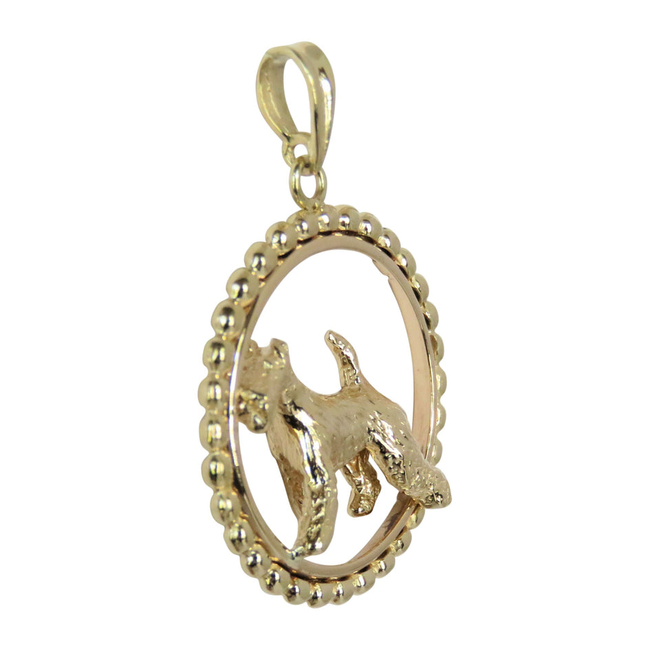 Airedale Terrier in 14K Gold Beaded Circle Pendant