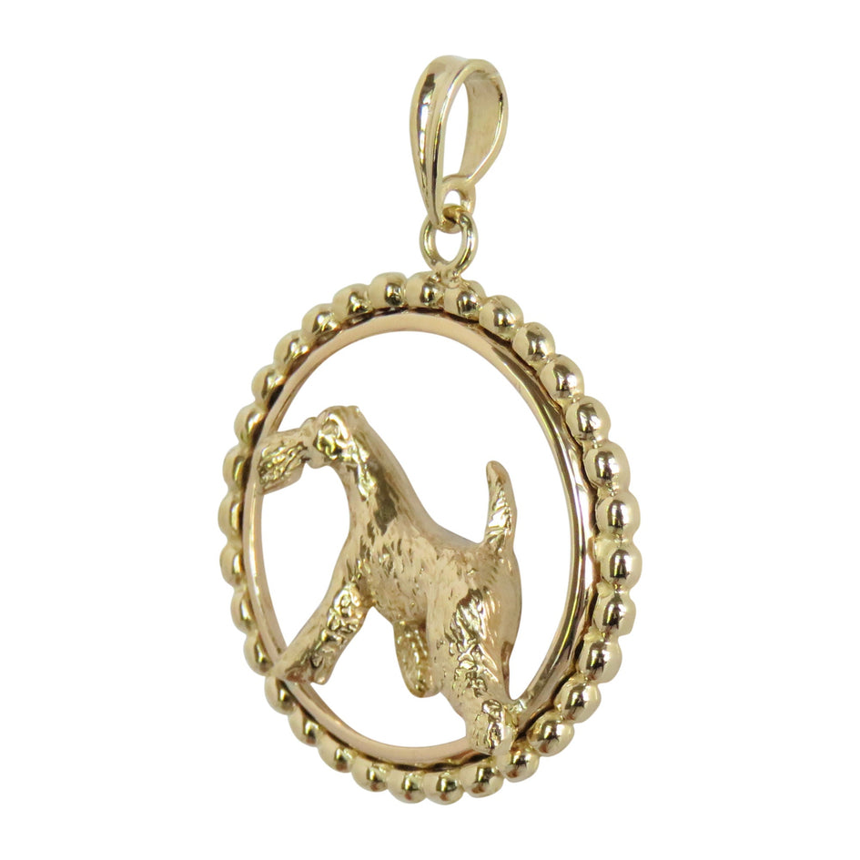 Airedale Terrier in 14K Gold Beaded Circle Pendant