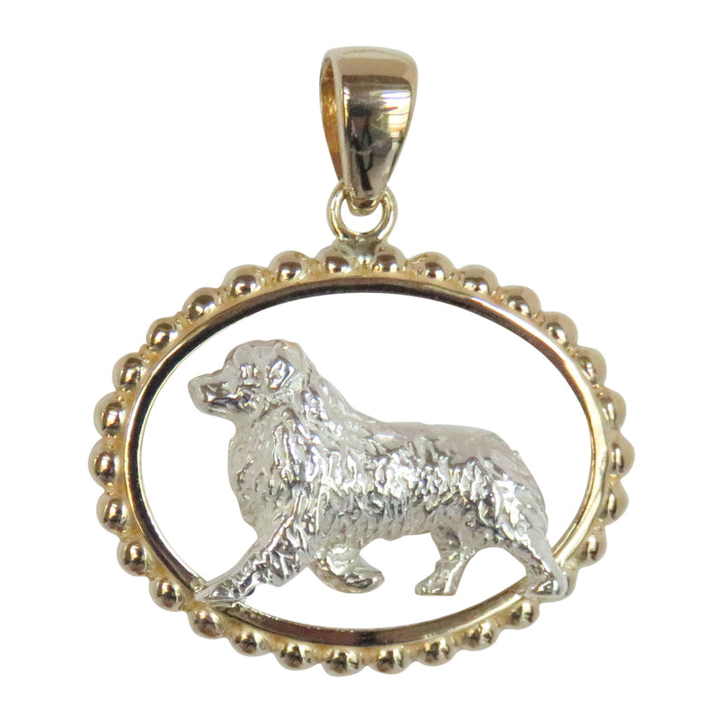 Australian Shepherd in 14K Gold with Sterling Silver Beaded Oval Pendant