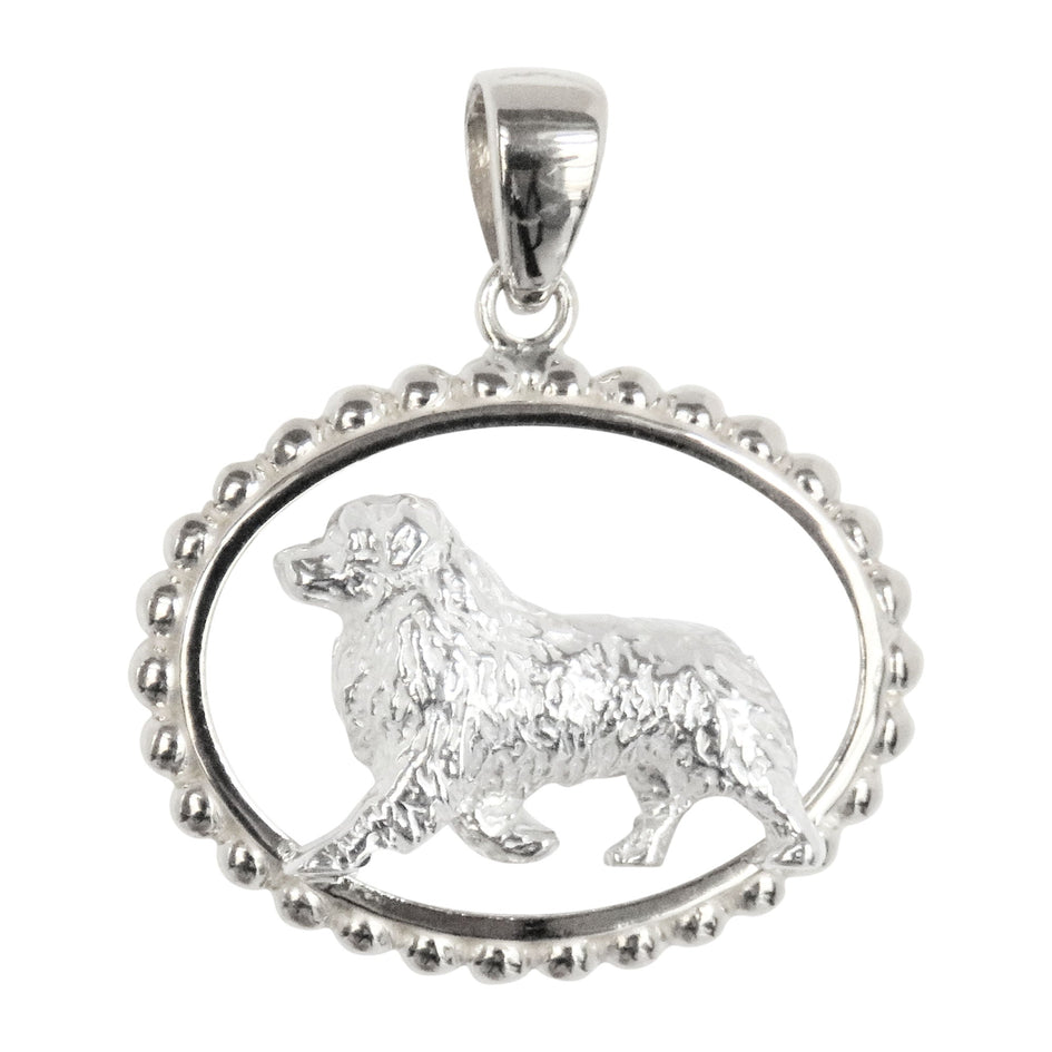 Australian Shepherd in Sterling Silver Beaded Oval Pendant