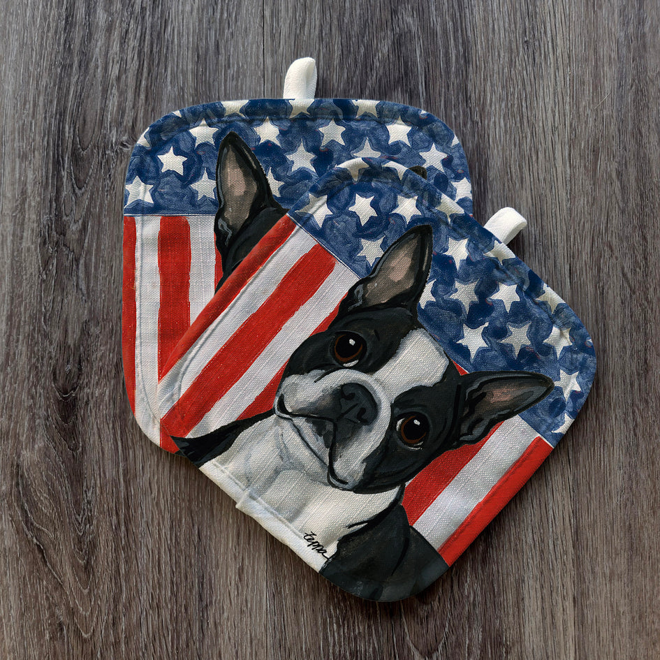 Boston Terrier Lying Down  Americana Pot Holder Set
