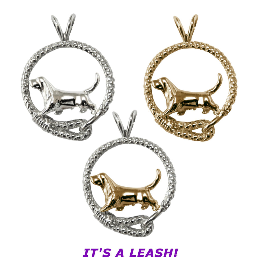 Basset Hound in 14K Gold with Sterling Silver Leash Pendant
