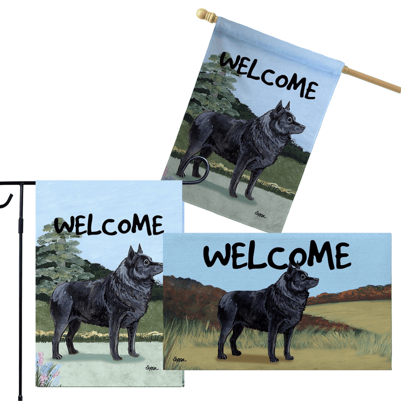 Schipperke 3 Piece Bundle - House Flag, Garden Flag, & Welcome Mat