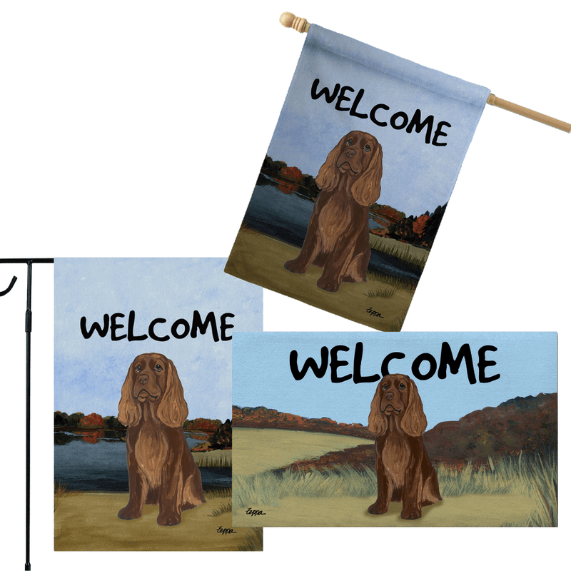 Sussex Spaniel 3 Piece Bundle - House Flag, Garden Flag, & Welcome Mat