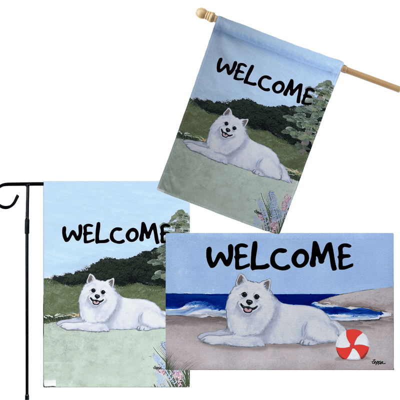 American Eskimo Dog 3 Piece Bundle - House Flag, Garden Flag, & Welcome Mat