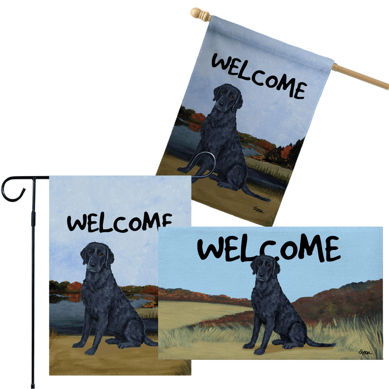 Curly-Coated Retriever 3 Piece Bundle - House Flag, Garden Flag, & Welcome Mat