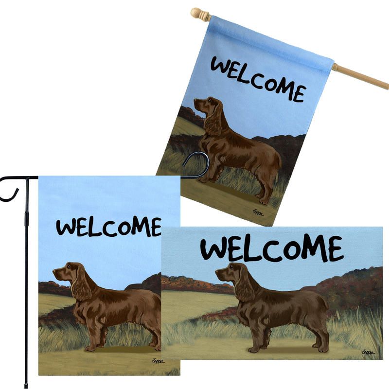 Field Spaniel 3 Piece Bundle - House Flag, Garden Flag, & Welcome Mat