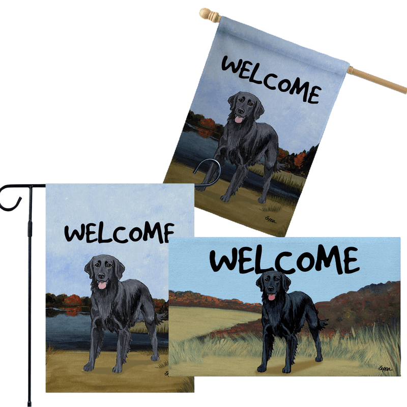 Flat-Coated Retriever 3 Piece Bundle - House Flag, Garden Flag, & Welcome Mat