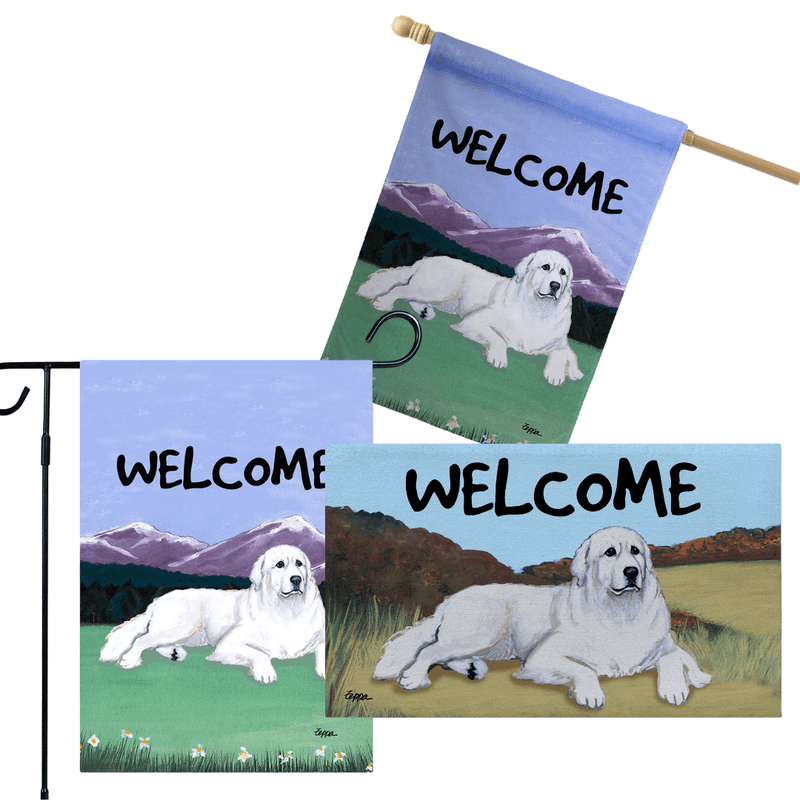 Great Pyrenees 3 Piece Bundle - House Flag, Garden Flag, & Welcome Mat