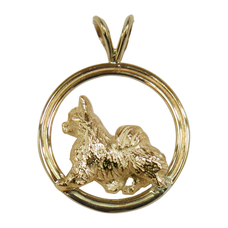 Chihuahua (Long Coat ) in 14K Gold Double Circle Pendant