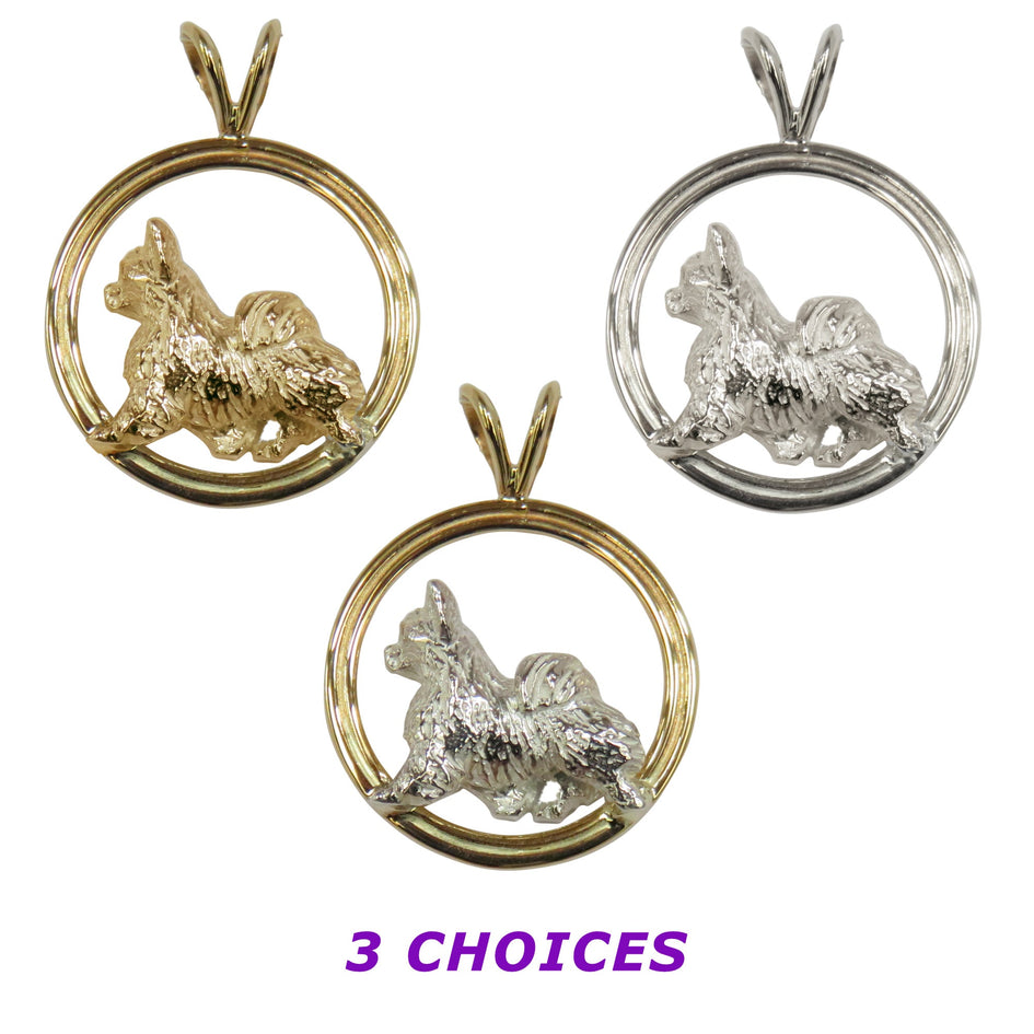 Chihuahua (Long Coat ) in 14K Gold Double Circle Pendant