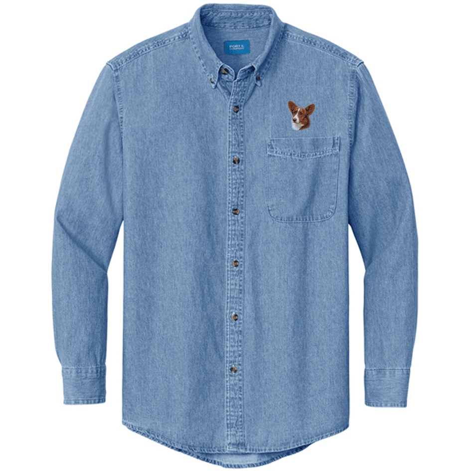 Cardigan Welsh Corgi Embroidered Men's Denim Shirt