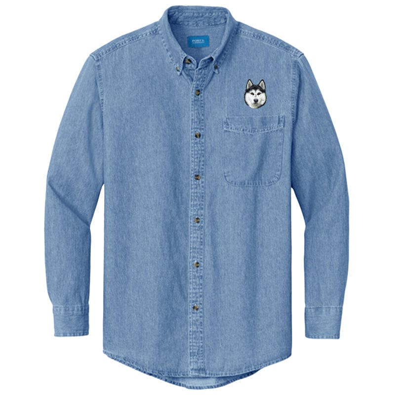 Siberian Husky Embroidered Men's Denim Shirt