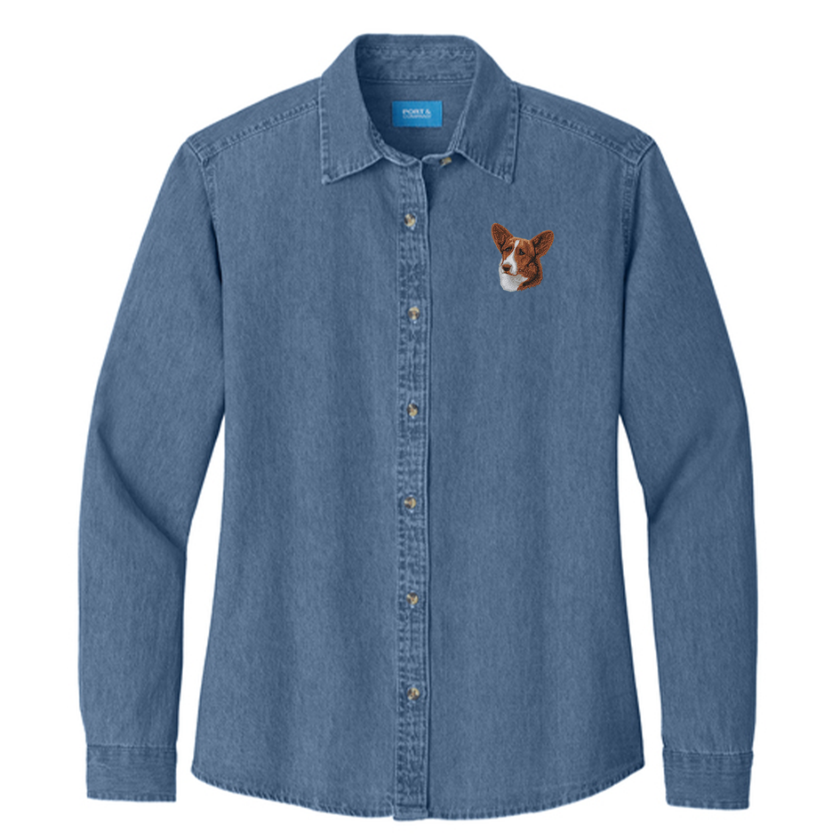 Cardigan Welsh Corgi Embroidered Women's Denim Shirt