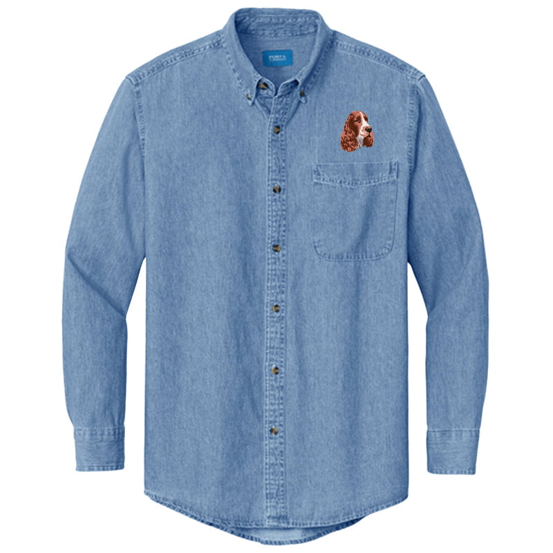 English Springer Spaniel Embroidered Men's Denim Shirt