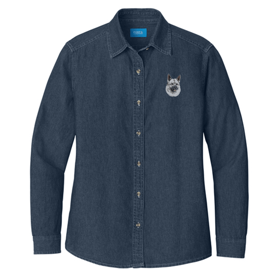 Norwegian Elkhound Embroidered Women's Denim Shirt