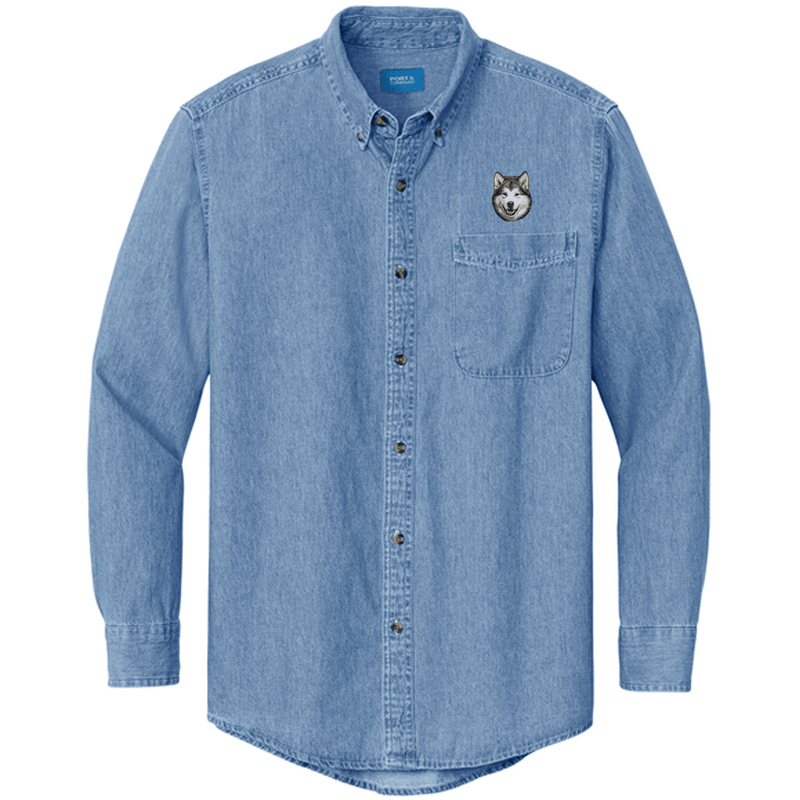 Alaskan Malamute Embroidered Men's Denim Shirt