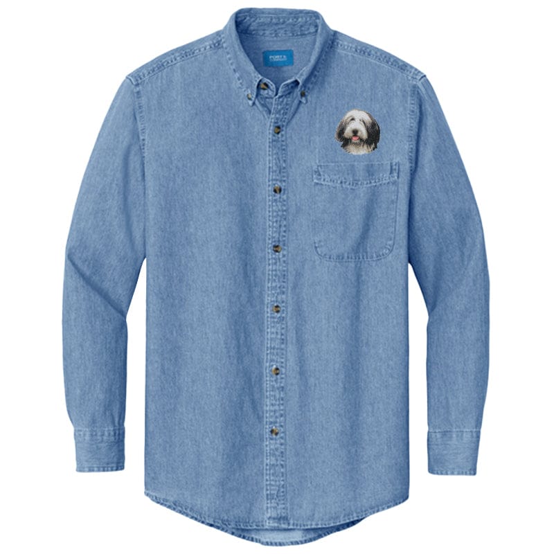 Bearded Collie Embroidered Men's Denim Shirt