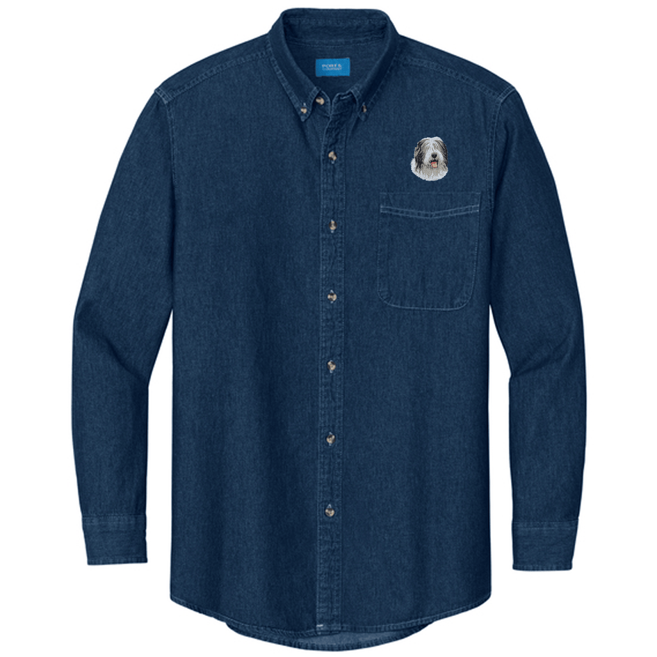 Old English Sheepdog Embroidered Men's Denim Shirt