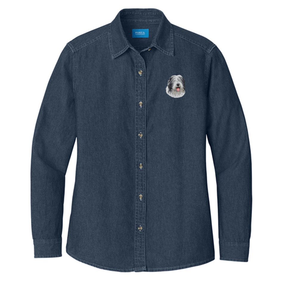 Old English Sheepdog Embroidered Women's Denim Shirt