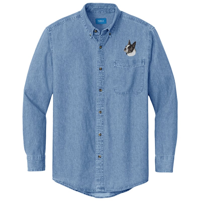 Boston Terrier Embroidered Men's Denim Shirt
