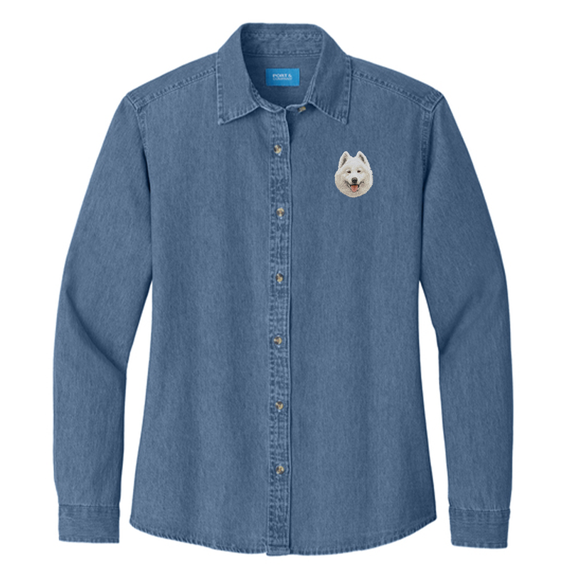 Samoyed Embroidered Women's Denim Shirt