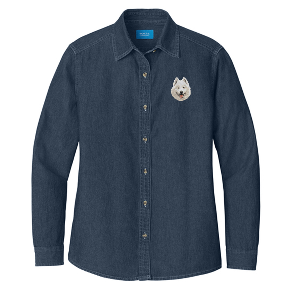 Samoyed Embroidered Women's Denim Shirt
