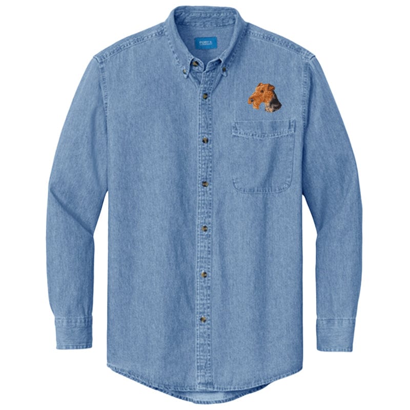 Airedale Terrier Embroidered Men's Denim Shirt