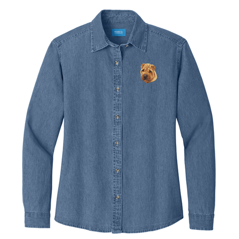Chinese Shar-Pei Embroidered Women's Denim Shirt
